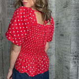 DANCING IN THE SUN RED POLKA DOT PEPLUM TOP