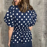 TAKE IN THE SIGHTS NAVY ZIP FRONT POLKA DOT BLOUSE