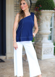 ALONG THE SHORE NAVY ONE SHOULDER TOP
