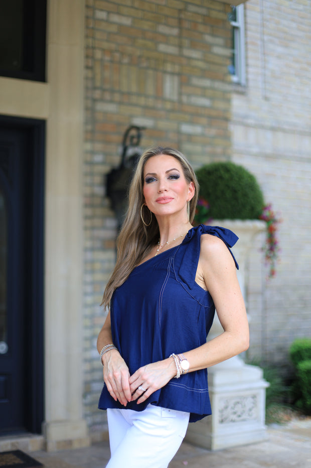 ALONG THE SHORE NAVY ONE SHOULDER TOP
