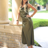 FLIRTATIOUS OUTING SATIN COWL NECK CAMI - OLIVE OR BLACK