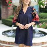 DARLING MOMENT EMBROIDERED DENIM DRESS