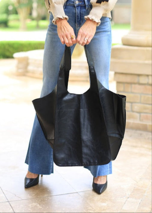 RETRO OVERSIZED SOFT VEGAN LEATHER TOTE - BLACK, CAMEL OR OLIVE