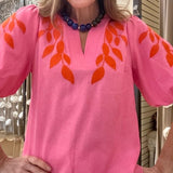 UPTOWN PREP FLORAL EMBROIDERED BUBBLE SLEEVE TOP