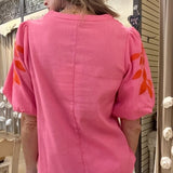 UPTOWN PREP FLORAL EMBROIDERED BUBBLE SLEEVE TOP