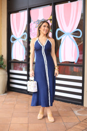 URBAN SOPHISTICATION NAVY EMBROIDERED HALTER DRESS