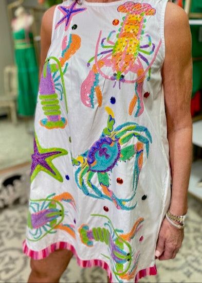QUEEN OF SPARKLES CRAB STARFISH & LOBSTER FRINGE DRESS