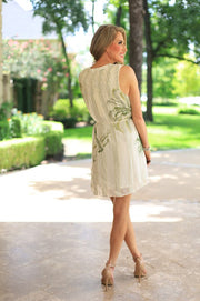 UNDER THE PALM TREES PRINT METALLIC DRESS