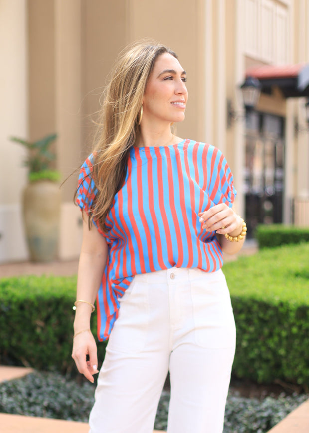 VIBRANT LIFESTYLE BLUE & RED STRIPE BLOUSE