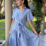 POINT THE WAY BLUE PINSTRIPE TIERED MIDI DRESS