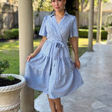 POINT THE WAY BLUE PINSTRIPE TIERED MIDI DRESS