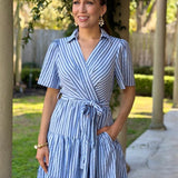 POINT THE WAY BLUE PINSTRIPE TIERED MIDI DRESS