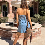 FLIRTY SMILE DENIM HALTER MINI DRESS