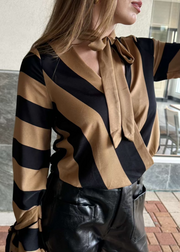 COMFORTABLE CHARM TIE FRONT BLACK & TAN TOP