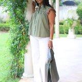 BISTRO CUTIE OLIVE FLUTTER SLEEVE BLOUSE