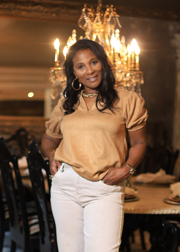 AUTUMN AVENUE CARAMEL SUEDE BLOUSE