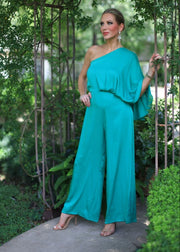 FOREVER STUNNING KELLY GREEN ONE SHOULDER JUMPSUIT