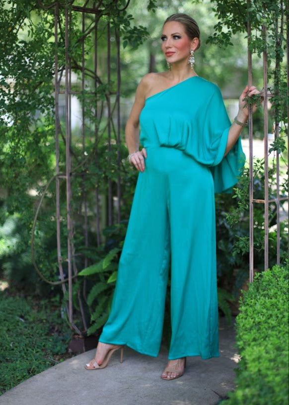 FOREVER STUNNING KELLY GREEN ONE SHOULDER JUMPSUIT