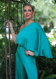 FOREVER STUNNING KELLY GREEN ONE SHOULDER JUMPSUIT