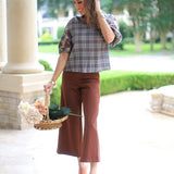 AUTUMN CRISP EMBROIDERED PUFF SLEEVE GINGHAM TOP