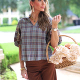AUTUMN CRISP EMBROIDERED PUFF SLEEVE GINGHAM TOP