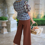 AUTUMN CRISP EMBROIDERED PUFF SLEEVE GINGHAM TOP