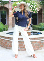 MIDTOWN MUSE PUFF SLEEVE DENIM TOP