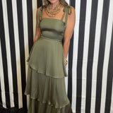 SIMPLY SWEET OLIVE GREEN TIERED MAXI DRESS