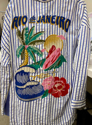 RIO DE JANEIRO EMBROIDERED BLUE STRIPE TOP