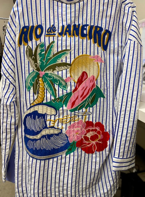 RIO DE JANEIRO EMBROIDERED BLUE STRIPE TOP