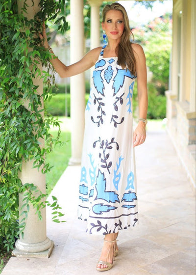 PARISIAN NIGHTS BLUE PRINT MAXI DRESS