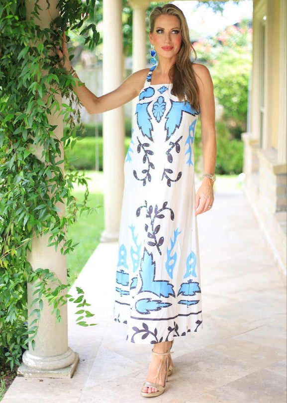 PARISIAN NIGHTS BLUE PRINT MAXI DRESS