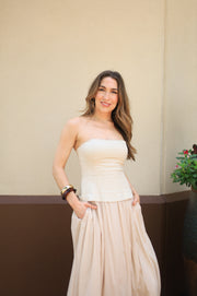 ELEGANT EVENING ECRU CORSET LINED STRAPLESS DRESS