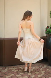 ELEGANT EVENING ECRU CORSET LINED STRAPLESS DRESS