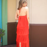 ABSOLUTELY BREATHTAKING FRINGE HALTER MAXI DRESS - BLACK, KHAKI OR RED