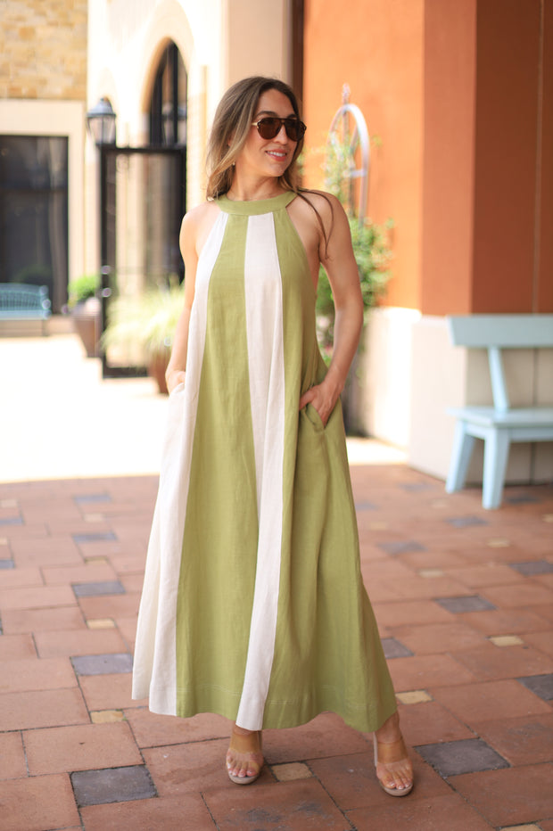 ON THE BRIGHT SIDE COLORBLOCK HALTER DRESS