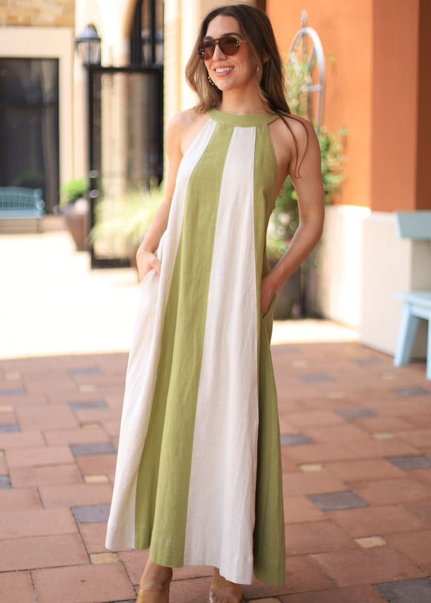 ON THE BRIGHT SIDE COLORBLOCK HALTER DRESS