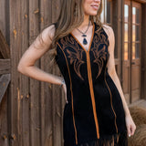 RODEO DRIVE BLACK & RUST EMBROIDERED FRINGE DRESS