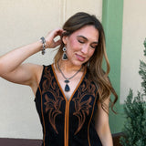 RODEO DRIVE BLACK & RUST EMBROIDERED FRINGE DRESS