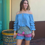 SWEET TALKER OFF THE SHOULDER CHAMBRAY TOP