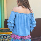 SWEET TALKER OFF THE SHOULDER CHAMBRAY TOP