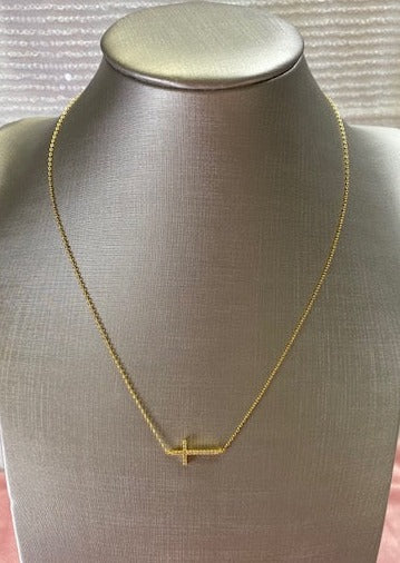 MUSTARD SEED:  SIDEWAYS CROSS NECKLACE - GOLD OR SILVER