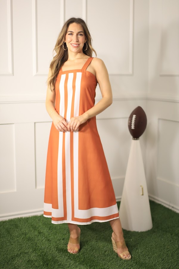 PEP SQUAD BURNT ORANGE AND WHITE COLORBLOCK MIDI DRESS