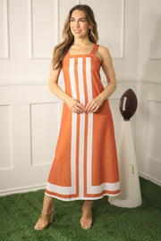 PEP SQUAD BURNT ORANGE AND WHITE COLORBLOCK MIDI DRESS