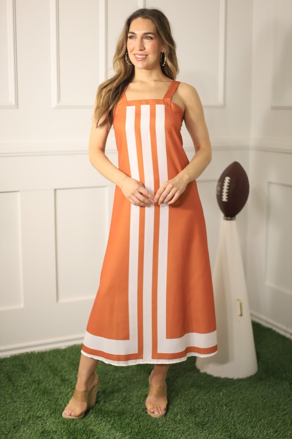PEP SQUAD BURNT ORANGE AND WHITE COLORBLOCK MIDI DRESS