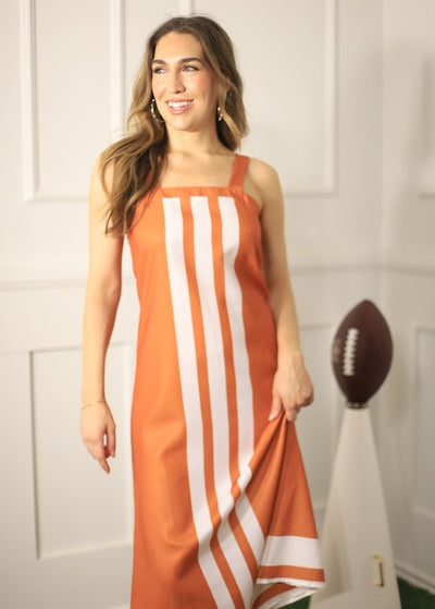 PEP SQUAD BURNT ORANGE AND WHITE COLORBLOCK MIDI DRESS