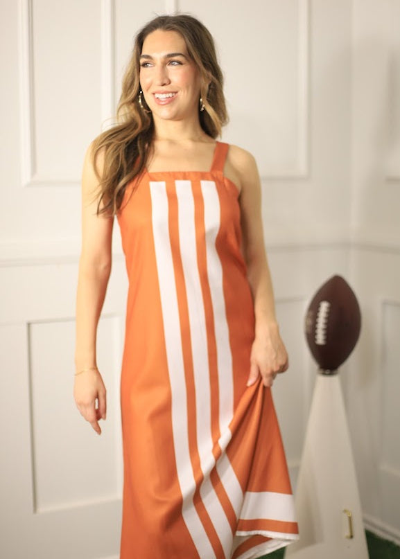 PEP SQUAD BURNT ORANGE AND WHITE COLORBLOCK MIDI DRESS
