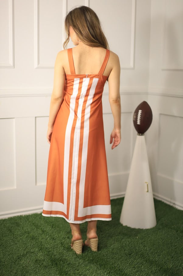PEP SQUAD BURNT ORANGE AND WHITE COLORBLOCK MIDI DRESS