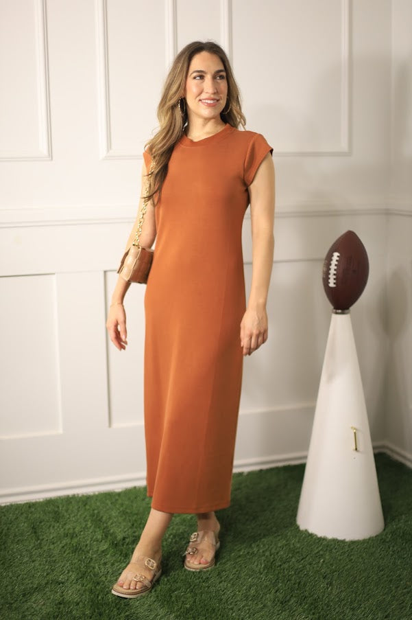 UNDER THE STADIUM LIGHTS BURNT ORANGE MAXI DRESS