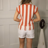 SIDELINE CHIC VERTICAL STRIPE FRINGE BURNT ORANGE SWEATER